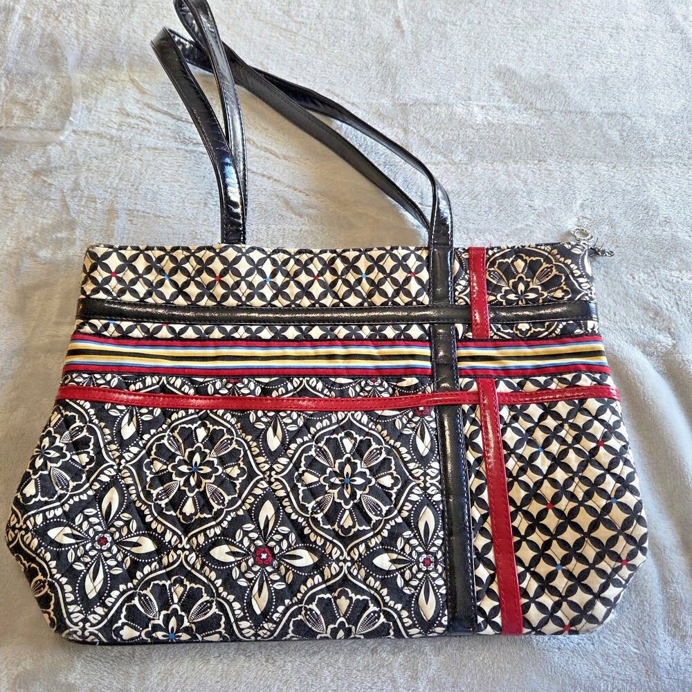 Vera Bradley Barcelona Shoulder Bag Black White Geometric Patent Trim Tote Purse